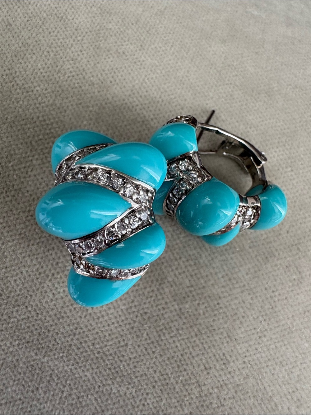 Angelique de Paris 925 Silver Turquoise Resin Dome Hoop Earrings with CZ Accents